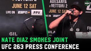 Nate Diaz smokes joint at UFC 263 press conference Offers Brandon Moreno a toke [upl. by Muhan31]