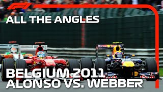 Webbers Breathtaking Move On Alonso At Eau Rouge  All The Angles  2011 Belgium Grand Prix [upl. by Llehsor]