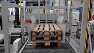 PALLETIZING ISLAND with double robotic palletizer automatic pallet dispenser and stretch wrapper [upl. by Davison665]