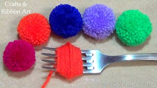 Super Easy Pom Pom Making Ideas with Fork  Hand Embroidery Amazing Trick Easy Woolen Flower Making [upl. by Naeloj]