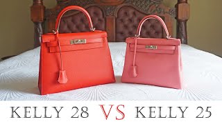 Hermes Kelly 25 VS 28 DETAILED REVIEW  price what fits inside bag weight mod shots by 3 people [upl. by Elbam]