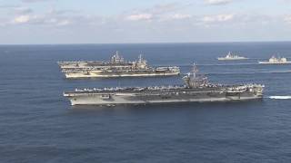 US Navy Three Carrier Formation in Western Pacific Ocean [upl. by Kelton227]