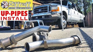 2001 F350 73  RiffRaff UpPipes Install  Stock up pipes leaking and falling apart JUNK SP [upl. by Yentterb]