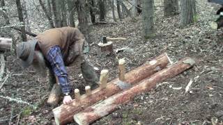 Primitive Splitting A Board Off A Log In The Woods [upl. by Annairam513]