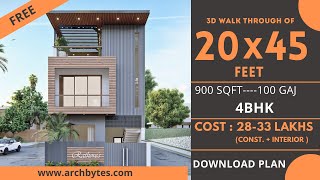 20x45 House Design 3D  900 Sqft  100 Gaj  4 BHK  Modern Design  Terrace Garden  6x14 Meters [upl. by Ledeen755]