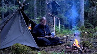 Solo Bushcraft Vintage Camping  Heavy Rain  Sleeping on Sheepskin with Wool Blanket  Canvas Lavvu [upl. by Bundy]