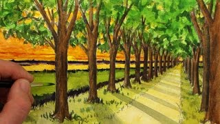 How to Draw a Road with Trees in OnePoint Perspective [upl. by Shedd]