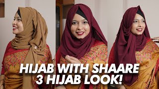 How To Style Hijab With Saree  3 Different Party Hijab Style  Khudalagse [upl. by Anrev590]