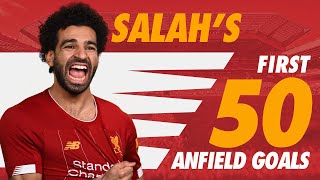 Mo Salahs first 50 Liverpool goals at Anfield  Chelsea Roma Man City and more [upl. by Aihtennek]